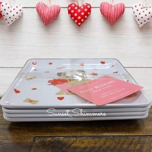 4pc ISAAC MIZRAHI pug dog MELAMINE appetizer / dessert PLATE SET valentines new - Picture 6 of 8